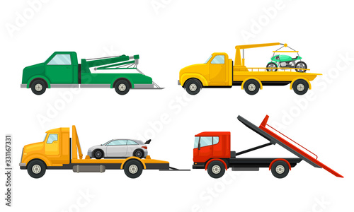 Tow Truck or Breakdown Truck Working Side View Vector Set
