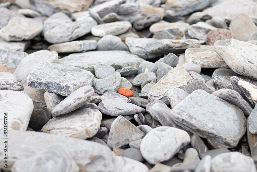 Orange stone among many gray stones and rocks Orange stone among many gray stones and rocks