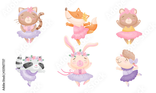 Cute Cartoon Animals in Ballet Skirt Dancing Vector Set