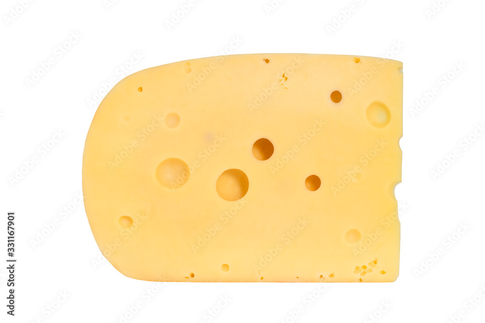 Piece of cheese with holes isolated on white background Piece of cheese with holes isolated on white background