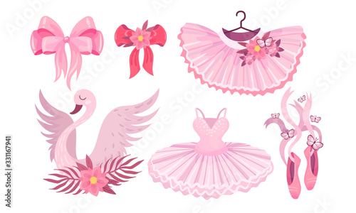 Pink Accessories for Ballet with Ballet Skirt and Ballet Shoes Vector Set