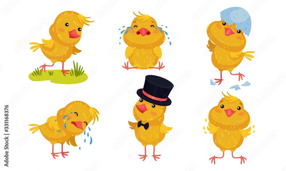 Cartoon Chicken Character Crying and Wearing Top Hat Vector Set