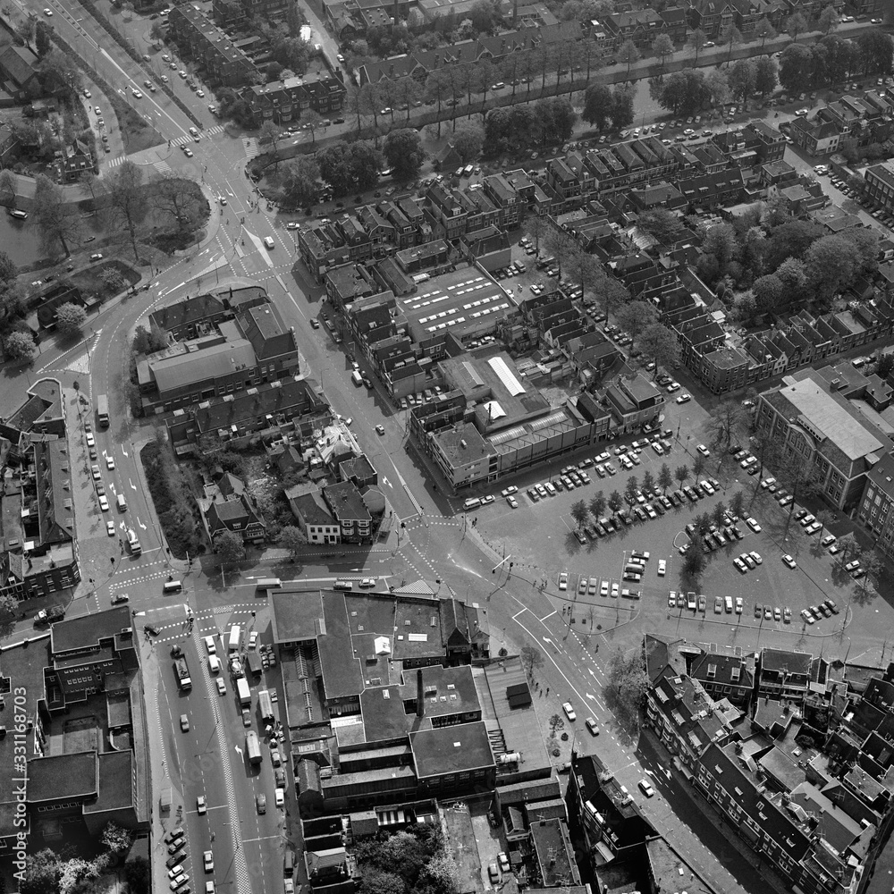 Leiden, Holland, May 07 - 1976: Historical black and white aerial photo of the Garenmarkt in Leiden, Holland