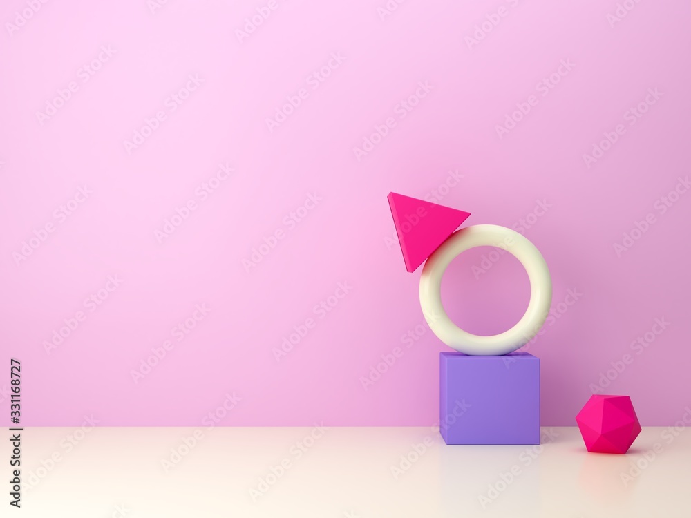 Minimal scene with geometrical forms in blue and pink abstract background. Set of geometric shapes in chaotic composition. Spring colors scene.  Minimal concept, blank space, clean design, 3d render.