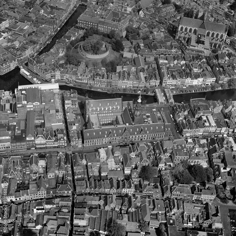 Leiden, Holland, May 07 - 1976: Historical black and white aerial photo of center of Leiden, Holland