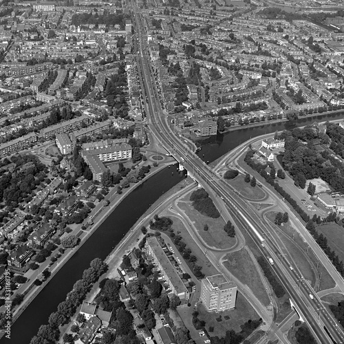 The Hague, Holland, August 29 - 1977: Historical aerial photo  in black and white of the Hoorn Bridge photo