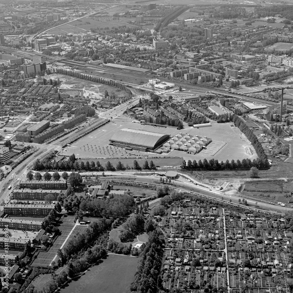Leiden, Holland, June 03 - 1976: Historical black and white aerial photo of the Groenoordhalls