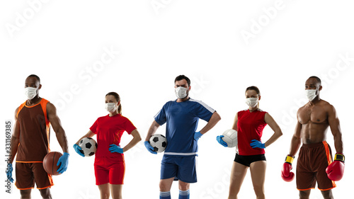 Beat the disease. Sportsmen in protective masks, gloves. Prevention of pneumonia infection. Basketball and football, volleyball, box. Chinese coronavirus. Healthcare and medicine, sport concept.