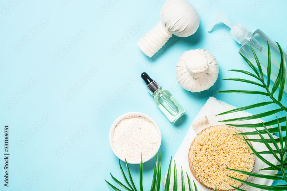 Spa treatment Flat lay background on blue. Spa treatment Flat lay background on blue.