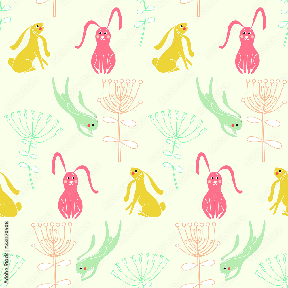 Cartoons hare seamless pattern. Funny pink, yellow bunny, flower on light grey, for web, for print, for cover