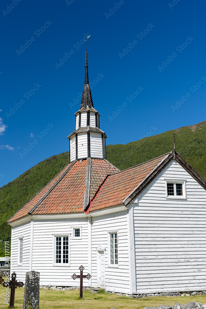 STORDAL, NORWAY - 2016 JUNY 12. The white old Stordal wooden church or the Rosekyrkja built in 1789