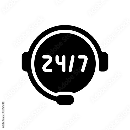 Call or support center, 24 and 7. Black icon on white background
