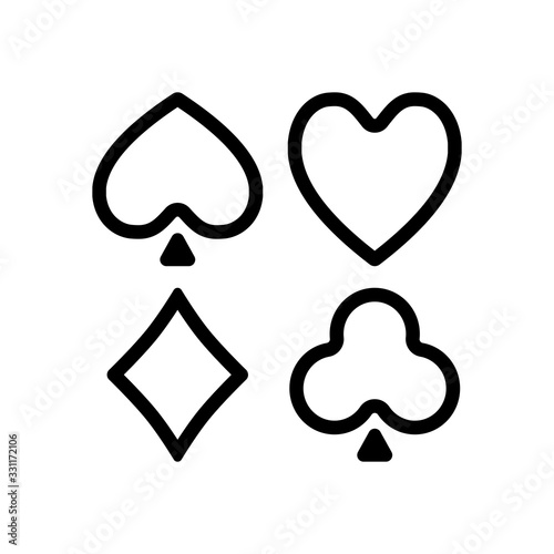Playing cards. Hearts, spades, diamonds, clubs. Linear style. Black icon on white background