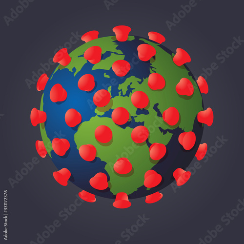 Concept de la lutte contre la propagation de la pandémies du COVID-19 à travers le monde avec le symbole du virus associé au globe terrestre.