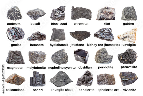set of various dark unpolished rocks with names