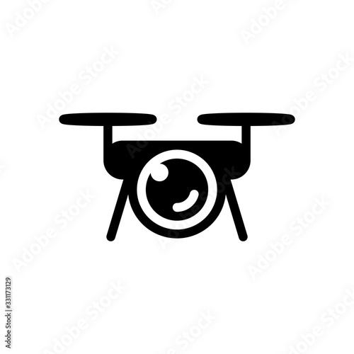 Drone with camera, tech logo. Black icon on white background
