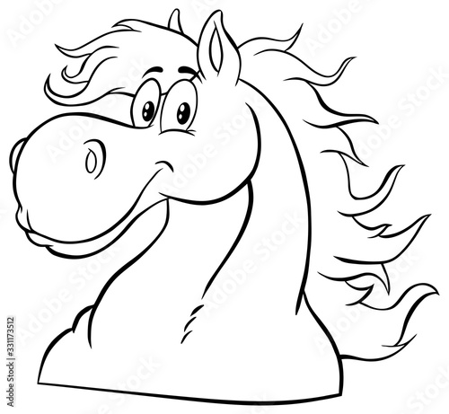 Black And White Horse Head Cartoon Mascot Character. Vector Illustration Isolated On White Background