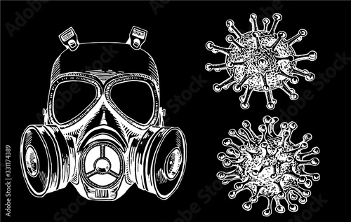Coronavirus set, graphical mask and molecules isolated on black background,vector illustration
