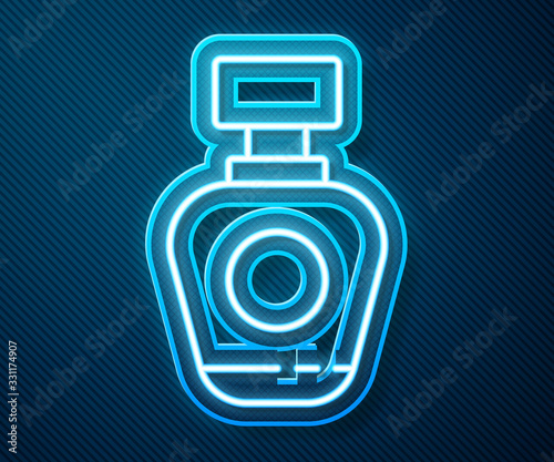 Glowing neon line Perfume icon isolated on blue background. Vector Illustration