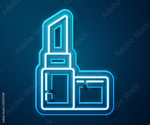 Glowing neon line Lipstick icon isolated on blue background. 8 March. International Happy Women Day. Vector Illustration