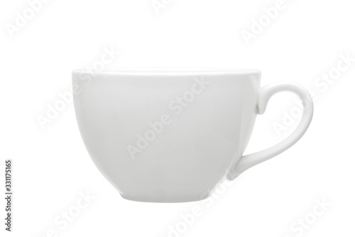 White ceramic tea cup with a minimalistic design and a round shape isolated on a white background. photo