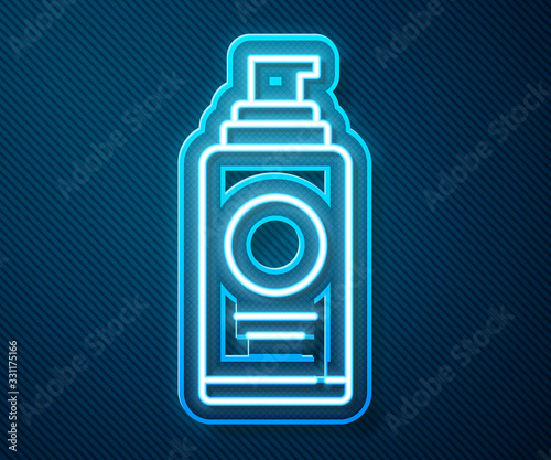 Glowing neon line Spray can for hairspray, deodorant, antiperspirant icon isolated on blue background. Vector Illustration