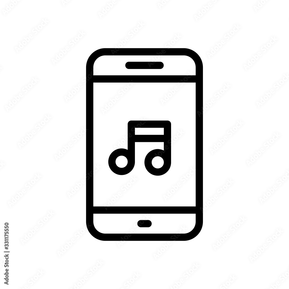 Mobile phone and music note, outline design. Black icon on white background Mobile phone and music note, outline design. Black icon on white background