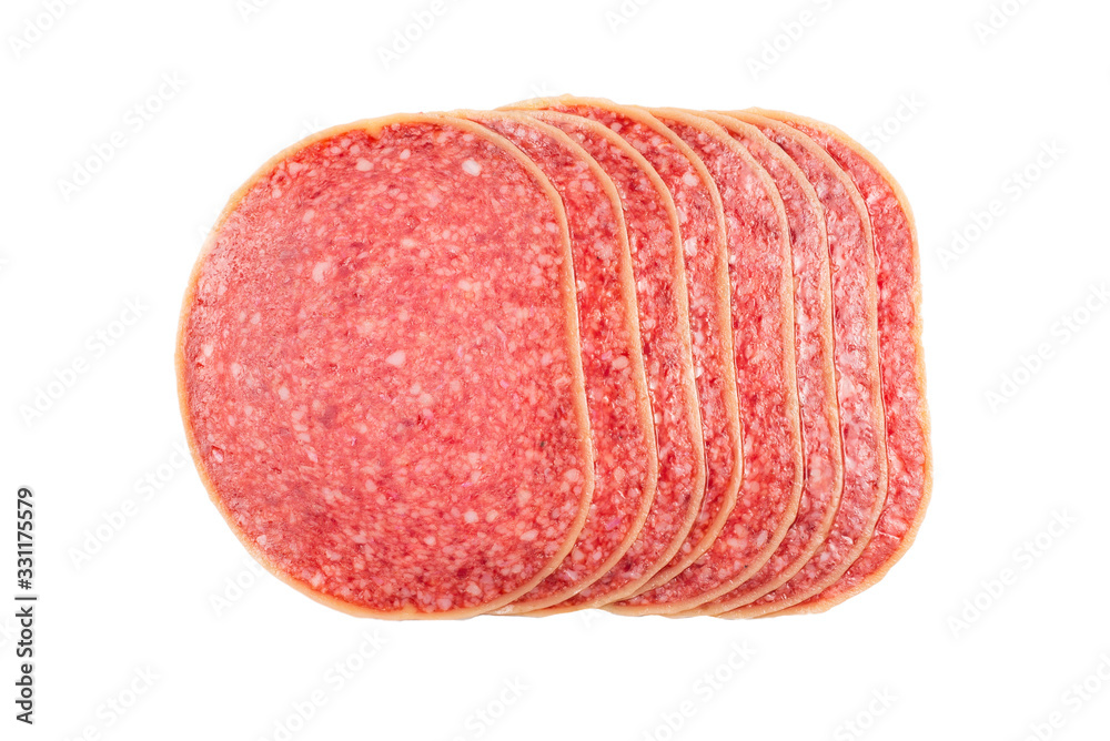 Salami slices isolated on white background. Salami slices isolated on white background.