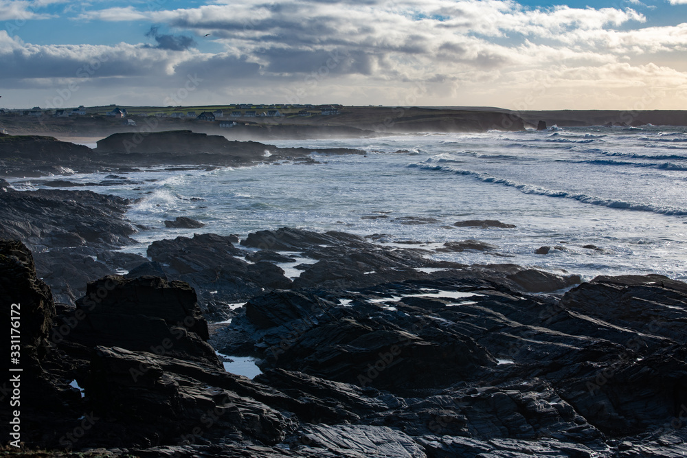 Constantine Bay in Cornwall on a windy day