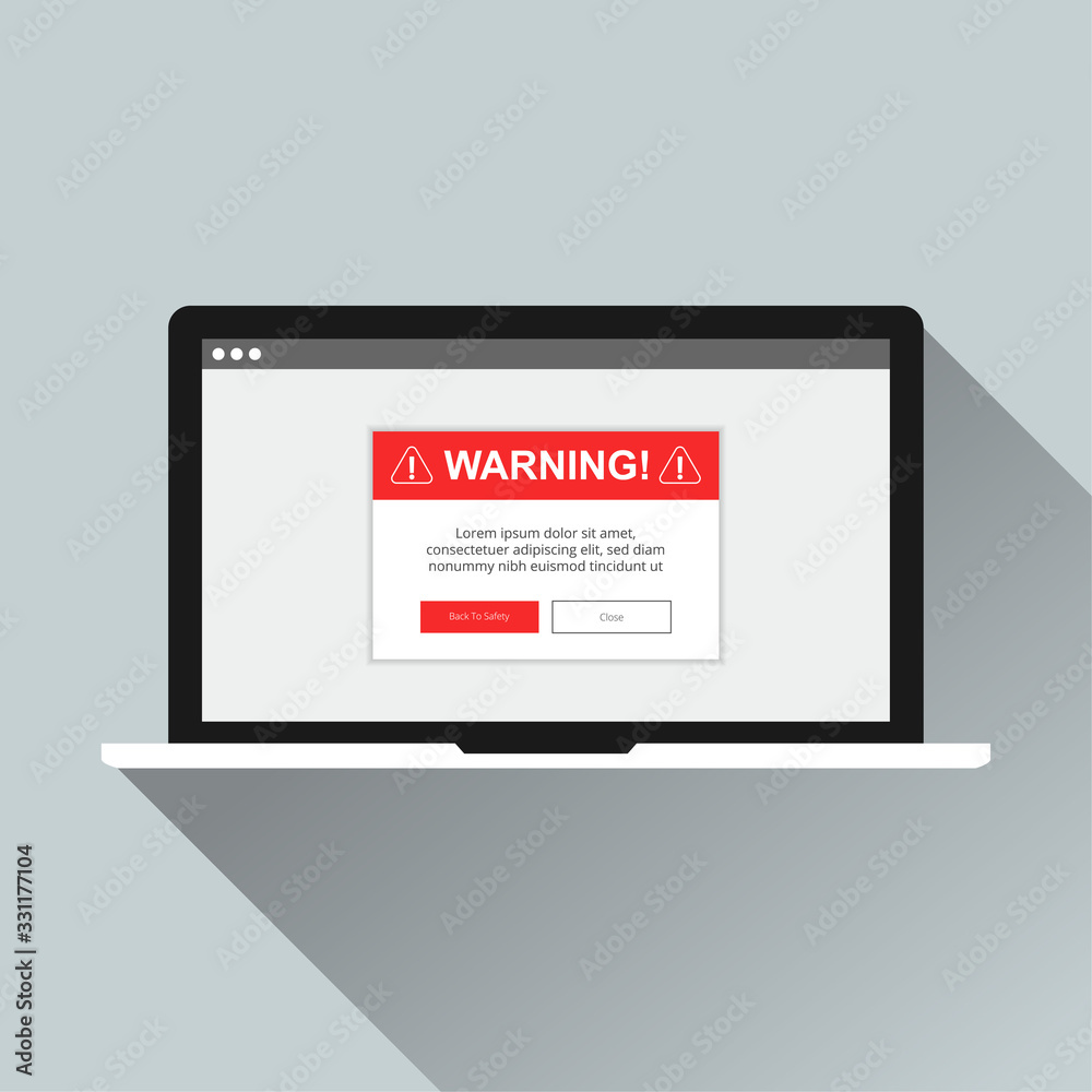 Attention warning alert sign with exclamation mark concept. Warning popup symbol design on laptop screen. flat vector illustration