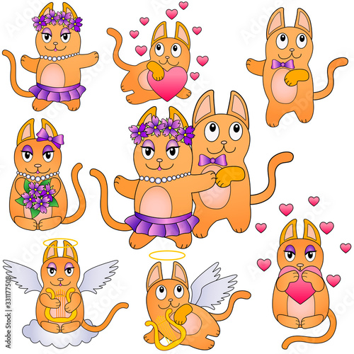 Set of characters of cats of different sexes in different situations - vector clip art. Dancing cats, angel cats, cats in love - full-color templates for stickers or illustrations of children's books.