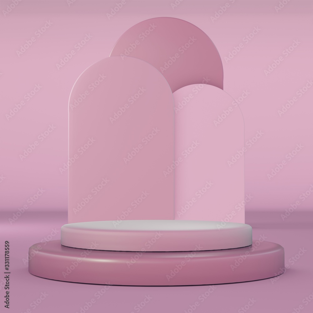 Minimalist pink pedestal for product showcase. Abstract geometric shapes on background. Empty stage. Geometric cylinder. 3d render illustration