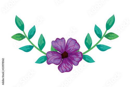 cute flower purple with branches and leafs isolated icon vector illustration design
