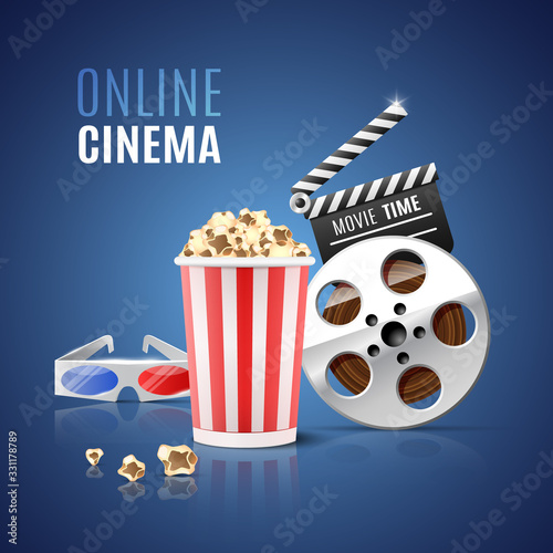 Banner for online cinema with popcorn, filmstrip and 3d glasses. Vector illustration.