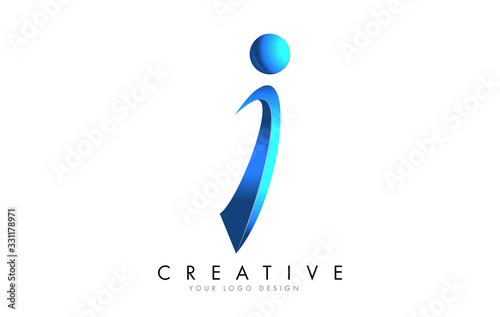 Creative I letter logo with Blue 3D bright Swashes. Blue Swoosh Icon Vector.