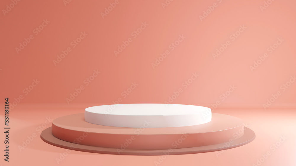Minimal cylinder pedestal for product showcase and one spotlight. Stand product mockup. Pink salmon pastel color. Horizontal frame. 3d render illustration Minimal cylinder pedestal for product showcase and one spotlight. Stand product mockup. Pink salmon pastel color. Horizontal frame. 3d render illustration