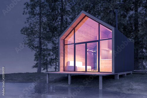 Secluded tiny house on the sandy shore of a lake with fog in a coniferous forest in the cold night light and with warm light from the Windows. Stock 3D illustration