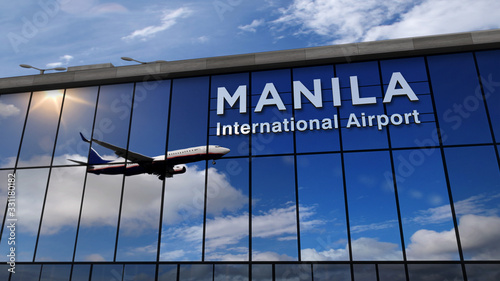 Airplane landing at Manila mirrored in terminal