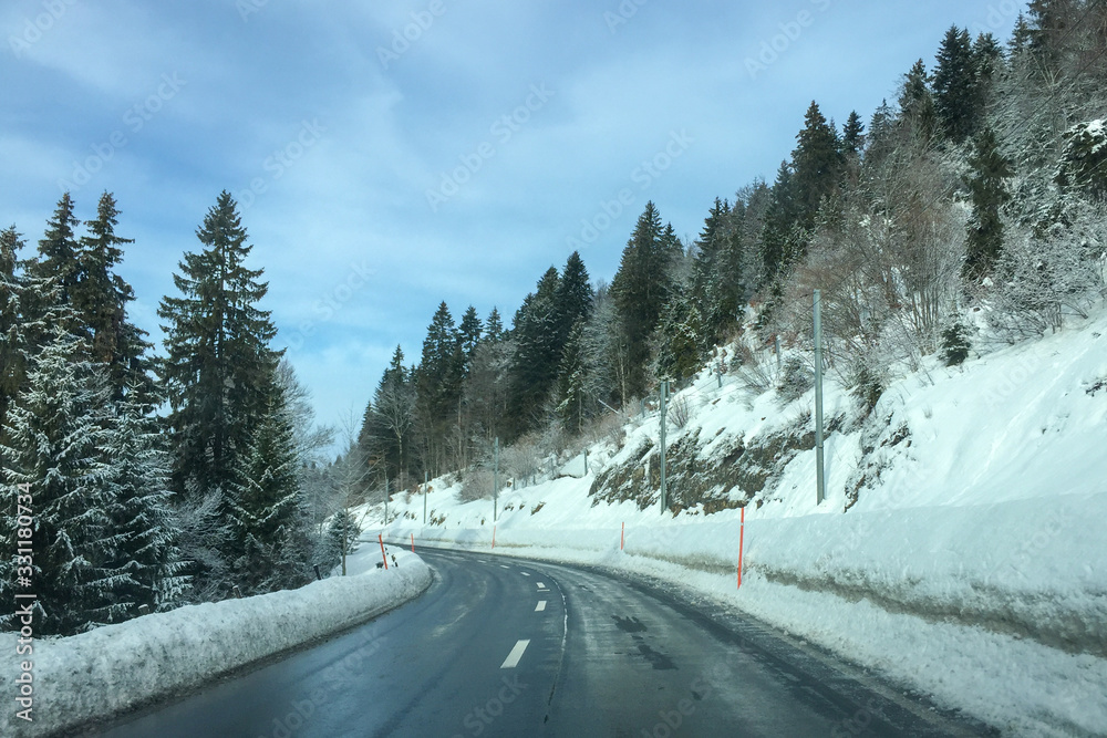 Winter landscape Forest road and trees covered with snow Winter landscape Forest road and trees covered with snow