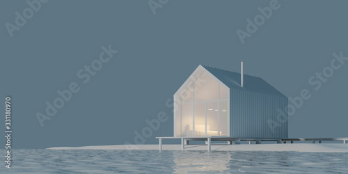 The project of a modern small cottage house in Scandinavian eco-friendly Northern style with a high roof on the lake in white materials with daylight, 3D illustration 3D rendering. Stock illustration