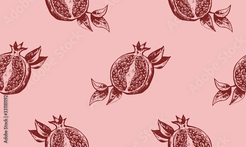 Hand drawing pomegranate vector illustration. Cut fruit and seeds. Branch and blossoms. Graphic style