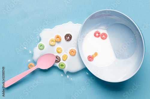 Spilled milk and milk in the bowl top view