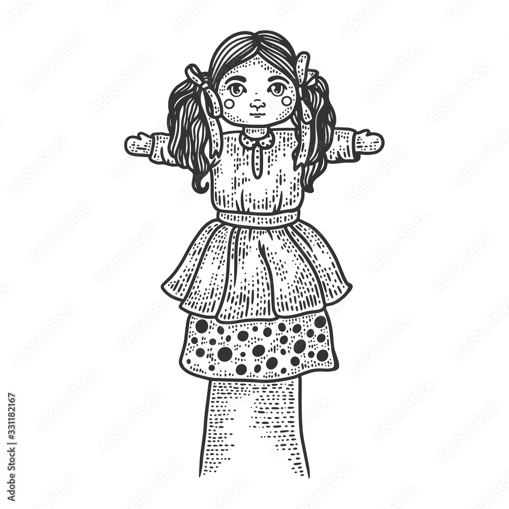 toy puppet doll on hand sketch engraving vector illustration. Tshirt