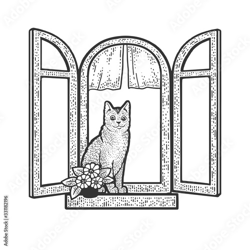 Cat is sitting on windowsill sketch engraving vector illustration. T-shirt apparel print design. Scratch board imitation. Black and white hand drawn image.
