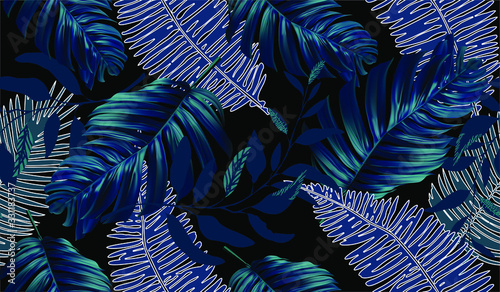 Exotic tropical vector background with Hawaiian plants and flowers. Seamless indigo tropical pattern with monstera and sabal palm leaves, guzmania flowers.