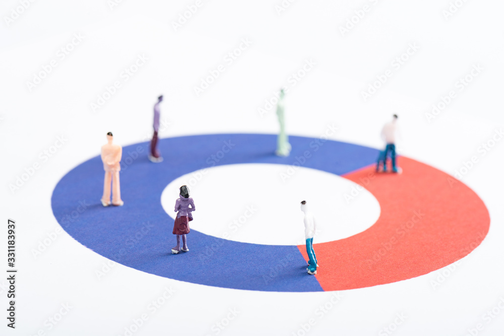 Close up view of plastic people figures on red and blue diagram isolated on white, concept of disparity