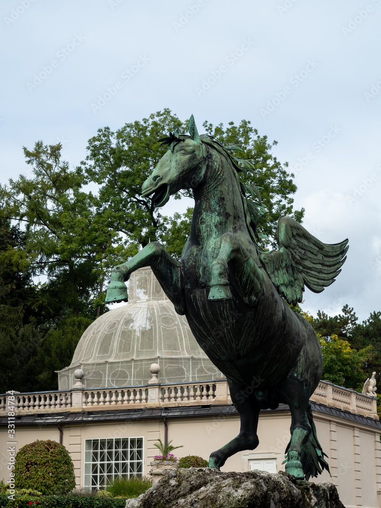 Fototapeta premium Salzburg, Austria - Oct 10th, 2019: Pegasusbrunnen or, .Pegasus fountain the fortress, salzburg