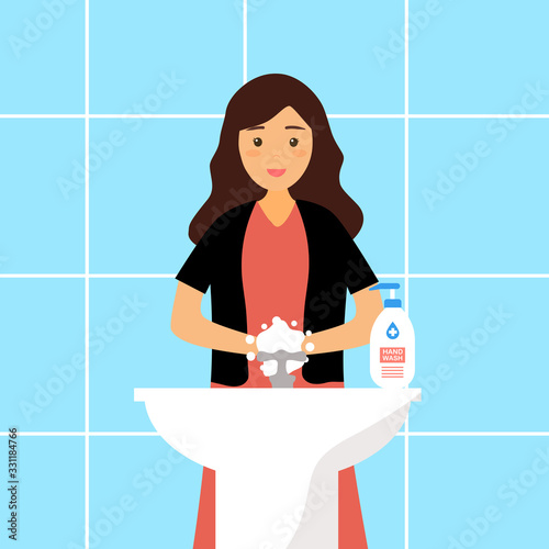 A woman washing her hands in the sink concept vector illustration. Washing hands under faucet with soap and water. Virus and germs prevention healthcare in flat design. Front view.