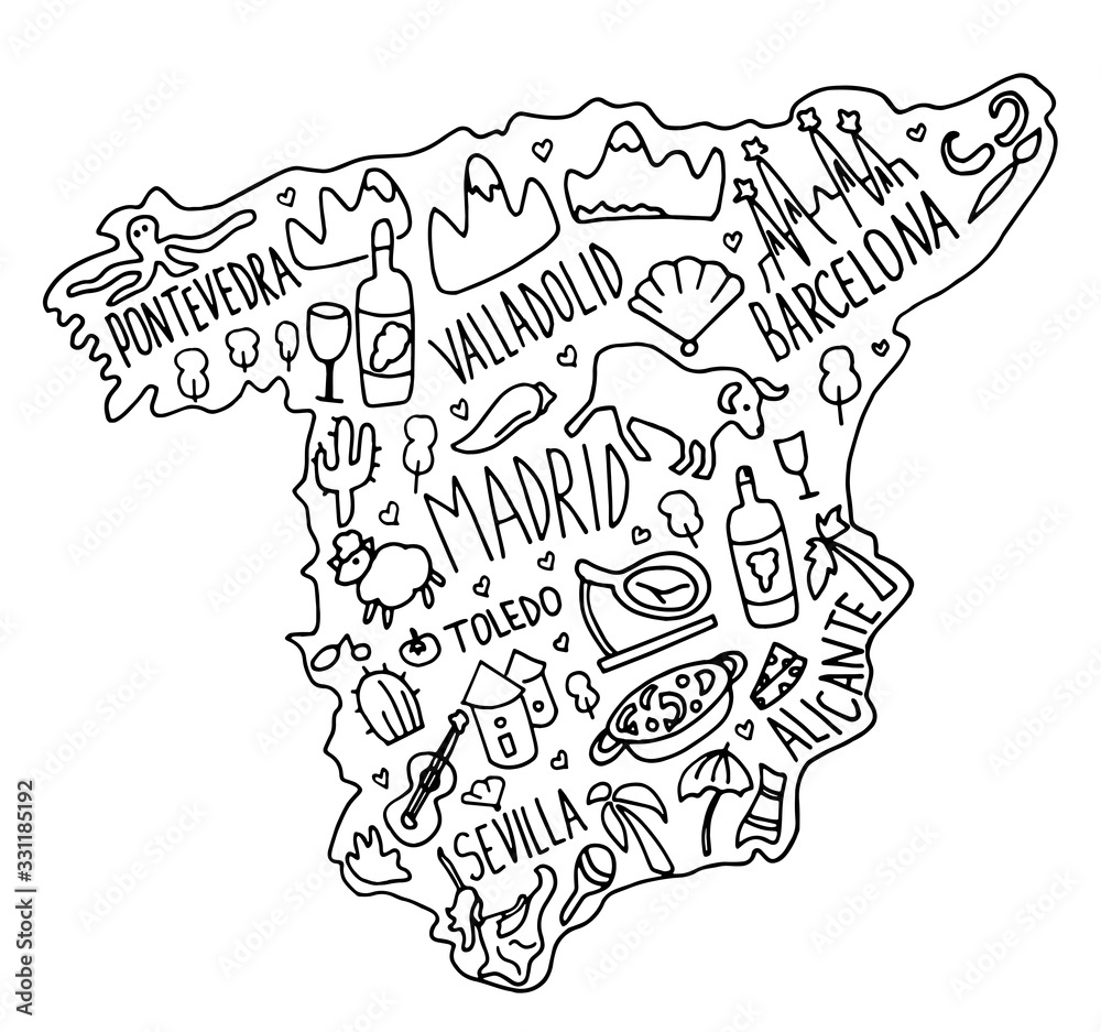 Hand drawn doodle Spain map. Spanish city names lettering and cartoon landmarks, Stock Vector