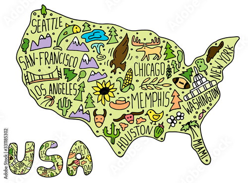 Colored Hand drawn doodle USA map. American city names lettering